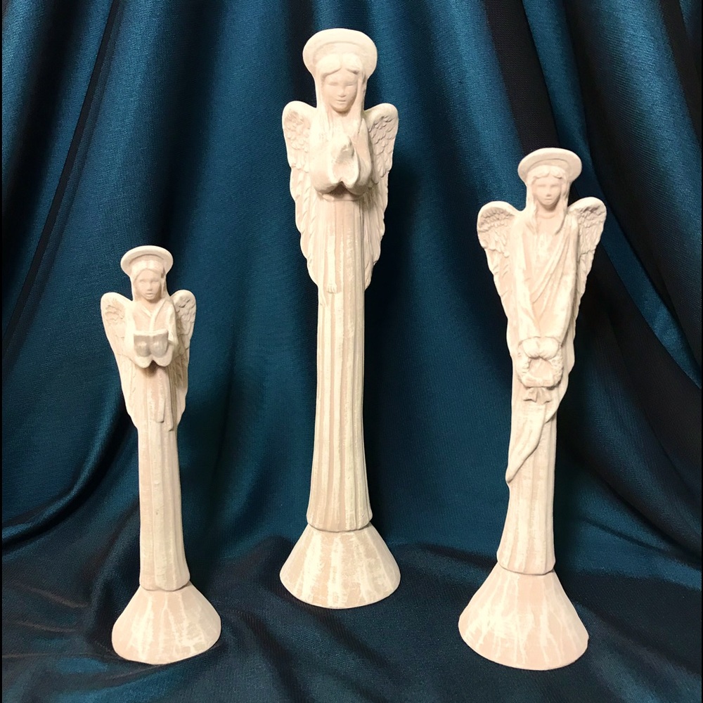 3~ Praying Angel figurines Catholic Holy Halo Tan & cream pottery 8 1/2, 7, 6 in